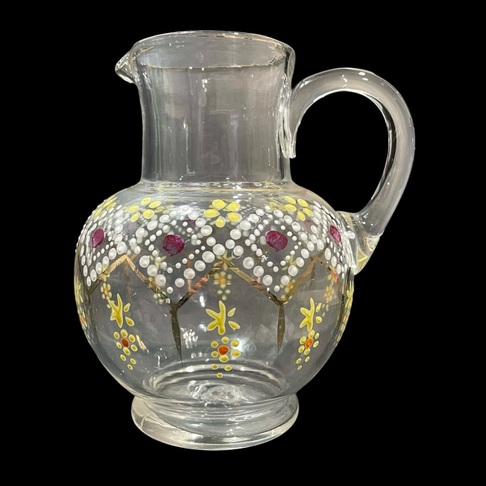 Antique 1880s Victorian Hand Blown Mini Glass Pitcher Hand Painted Enamel Flower